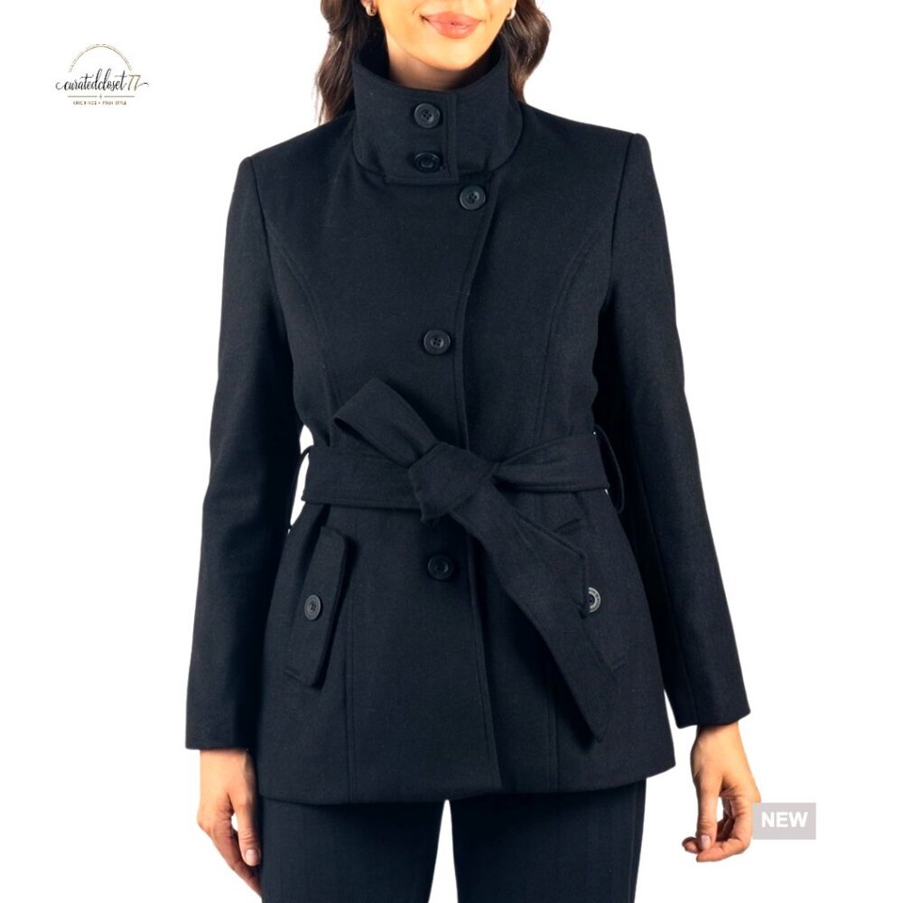 Wool Blend Peacoat with Removable Belt, Convertible Funnel Neck, 3-in-1 Style